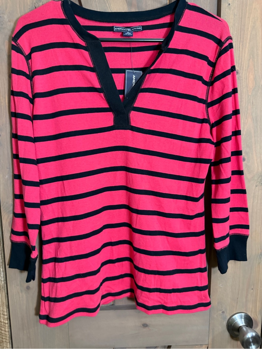 American Living Pink and Black Striped V-Neck Pullover